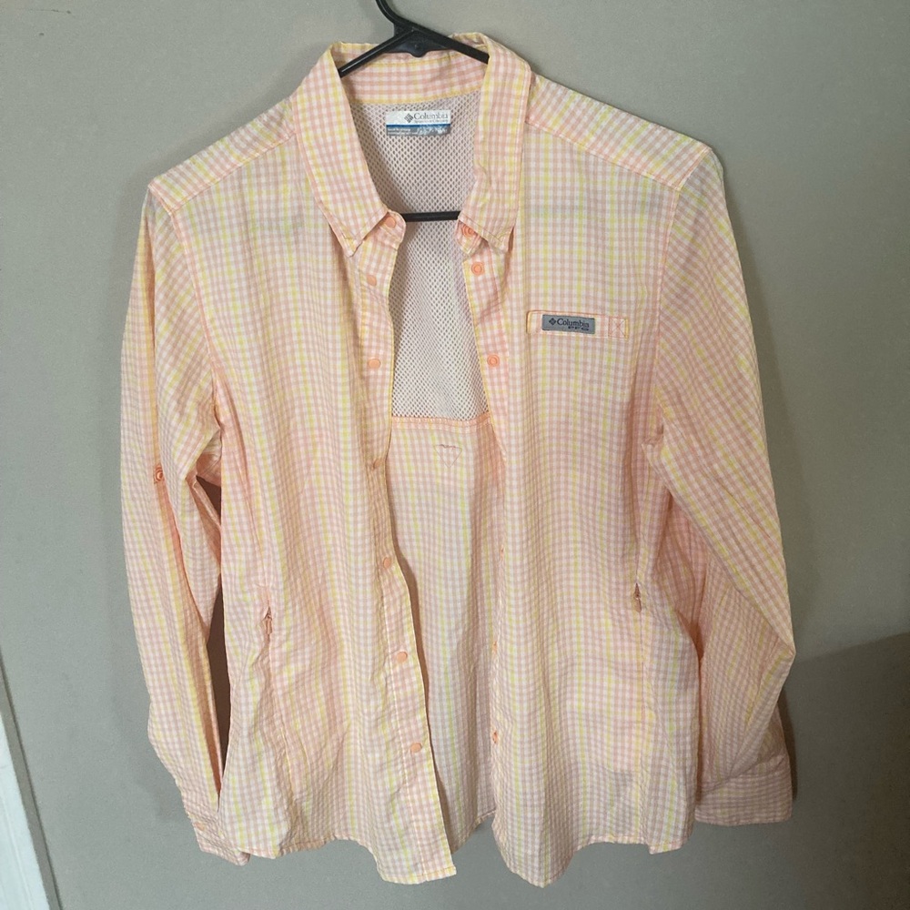 Columbia Men's Light Pink and Yellow Plaid Button-Down Shirt